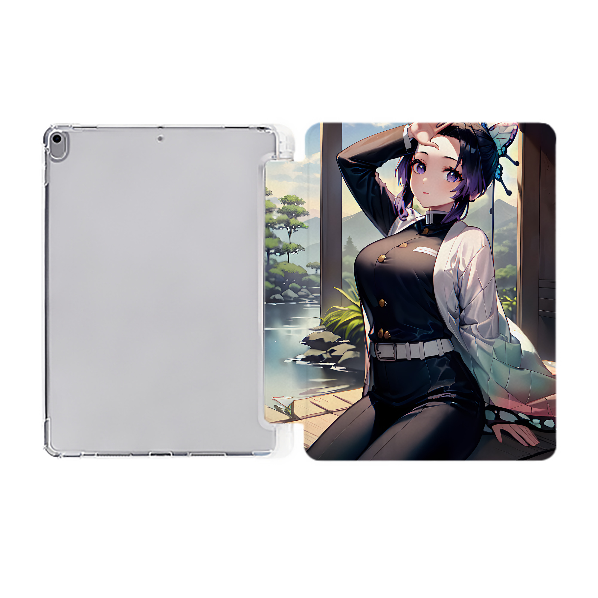 （画像用） 鬼滅の刃（きめつのやいば）蟲柱-胡蝶 しのぶ／こちょう しのぶ Kochou Shinobu IPad ケース ペン収納付き 三つ折りスタンド PUレザー×シリコン 対応機種9.5/10.5/10.9インチ